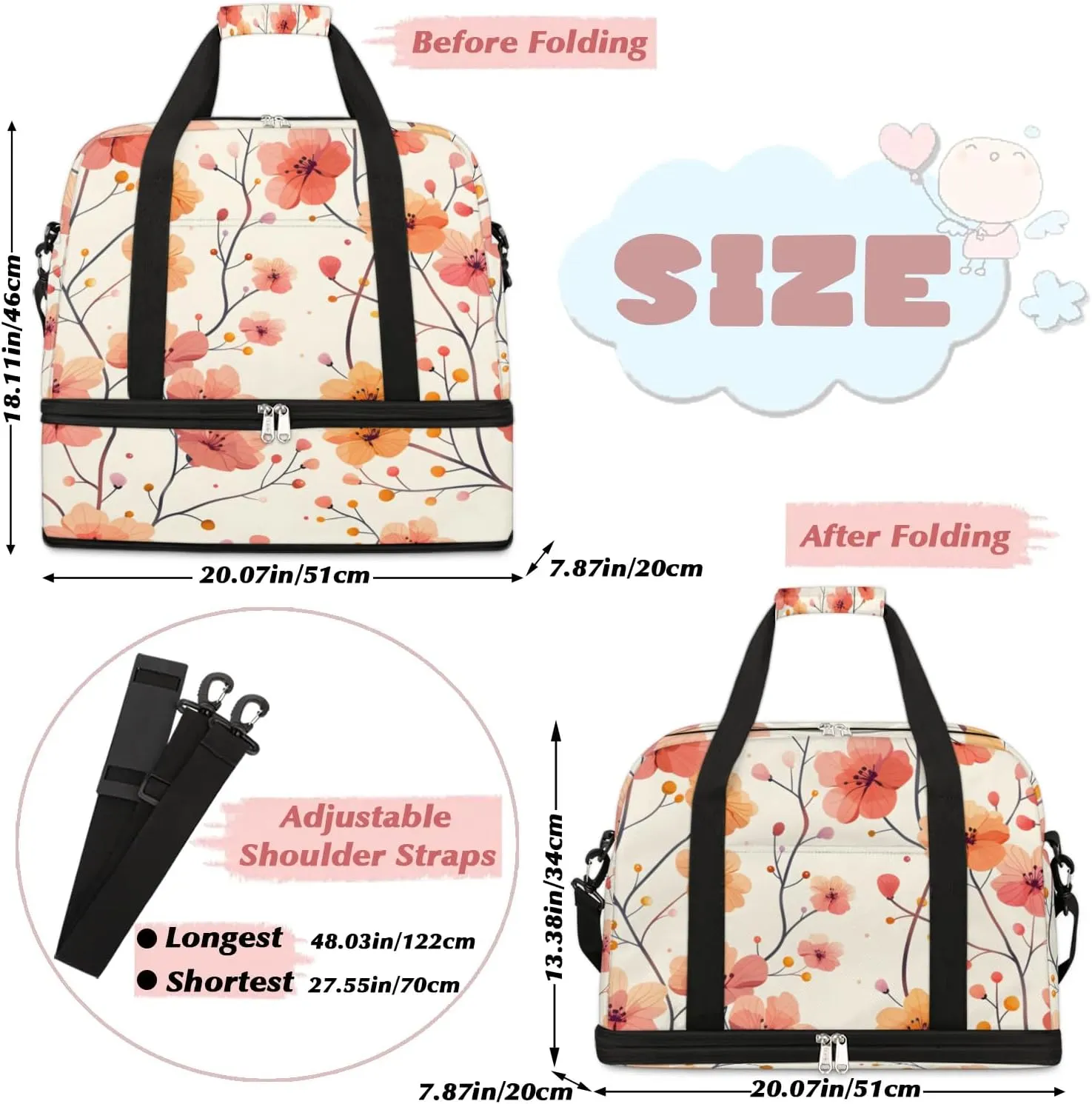 Elegant Flora Printing Travel Duffle Bag, Collapsible Travel Bag Sports Gym Bag With Shoes Compartment Weekender Bag Overnight Bag For Women Men