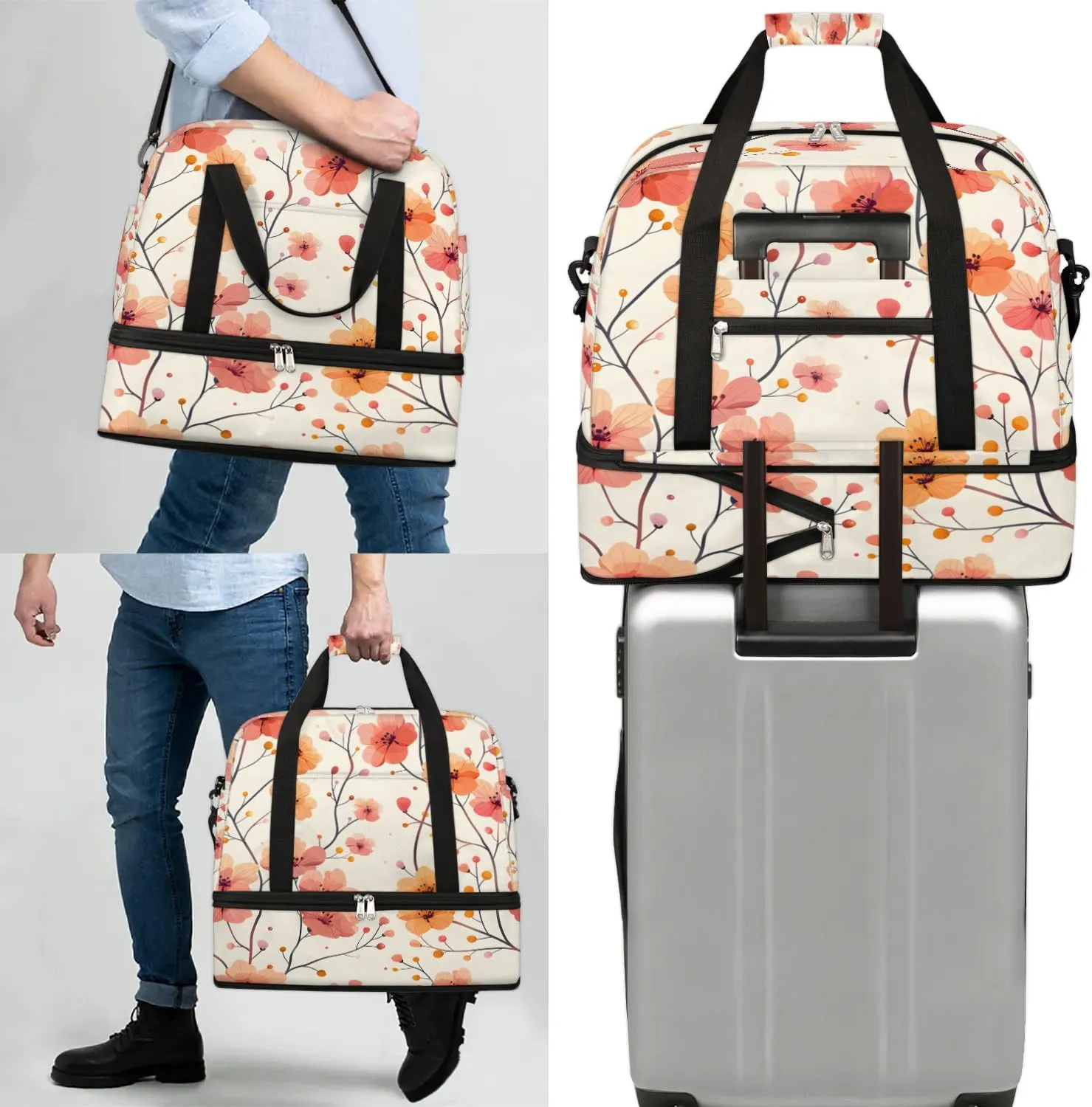 Elegant Flora Printing Travel Duffle Bag, Collapsible Travel Bag Sports Gym Bag With Shoes Compartment Weekender Bag Overnight Bag For Women Men