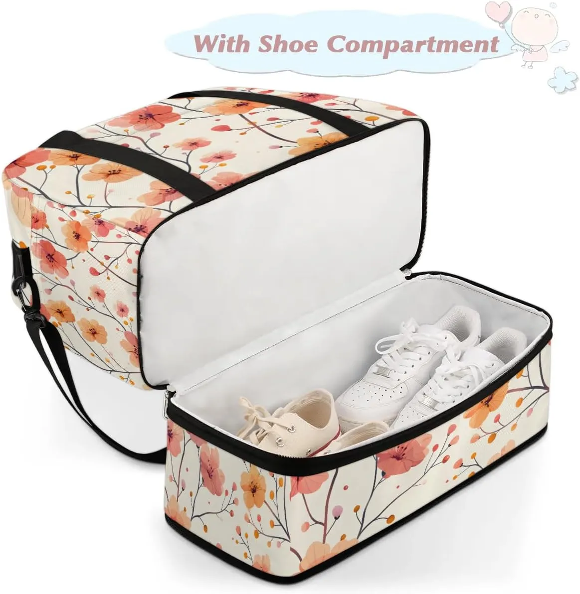 Elegant Flora Printing Travel Duffle Bag, Collapsible Travel Bag Sports Gym Bag With Shoes Compartment Weekender Bag Overnight Bag For Women Men