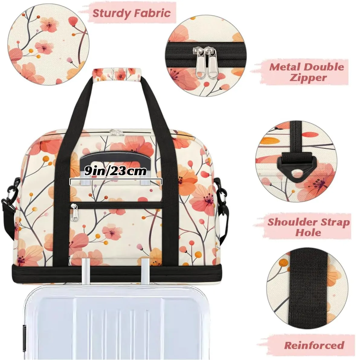 Elegant Flora Printing Travel Duffle Bag, Collapsible Travel Bag Sports Gym Bag With Shoes Compartment Weekender Bag Overnight Bag For Women Men