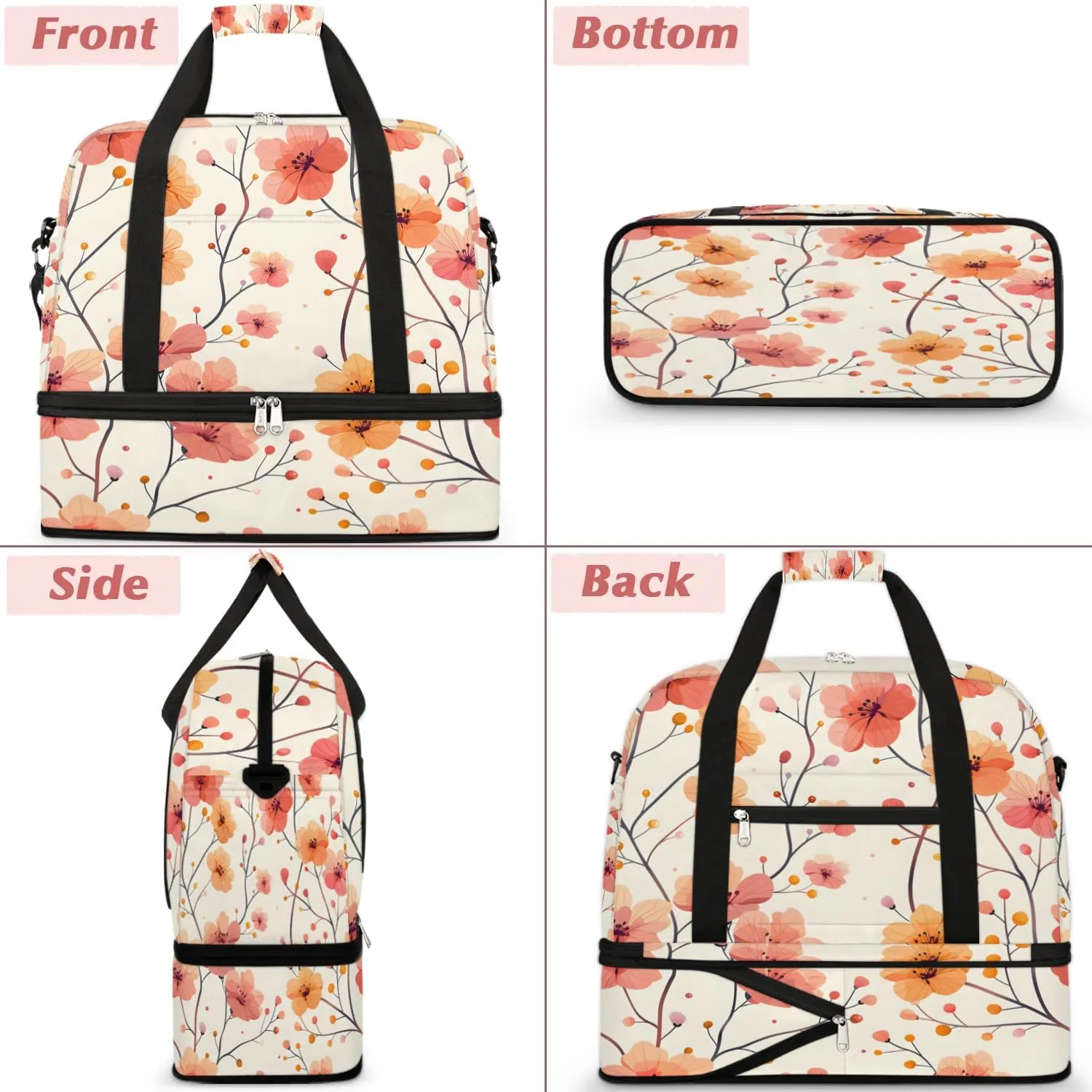 Elegant Flora Printing Travel Duffle Bag, Collapsible Travel Bag Sports Gym Bag With Shoes Compartment Weekender Bag Overnight Bag For Women Men