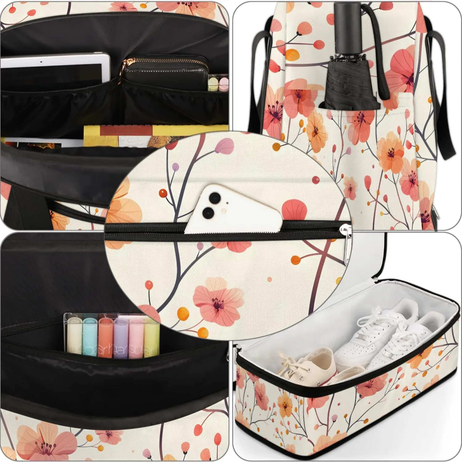 Elegant Flora Printing Travel Duffle Bag, Collapsible Travel Bag Sports Gym Bag With Shoes Compartment Weekender Bag Overnight Bag For Women Men