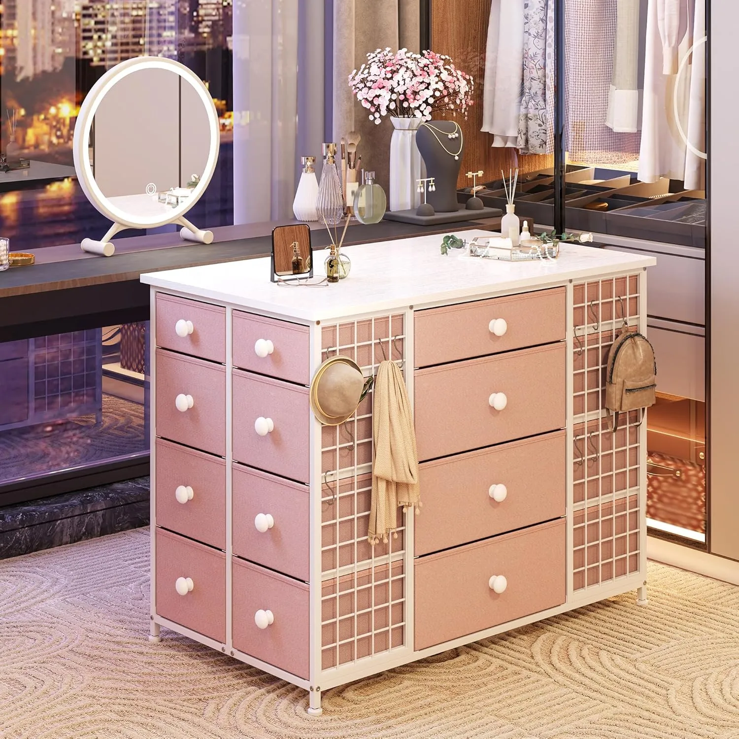 EnHomee 24 Drawers Dresser for Bedroom, Dressers & Chests of Drawers with 4 Wheels and 40“ * 23” Wide Wooden Top, Metal Frame, Closet Island with Hooks for Bedroom, Cloakroom, Dressing Room, Pink