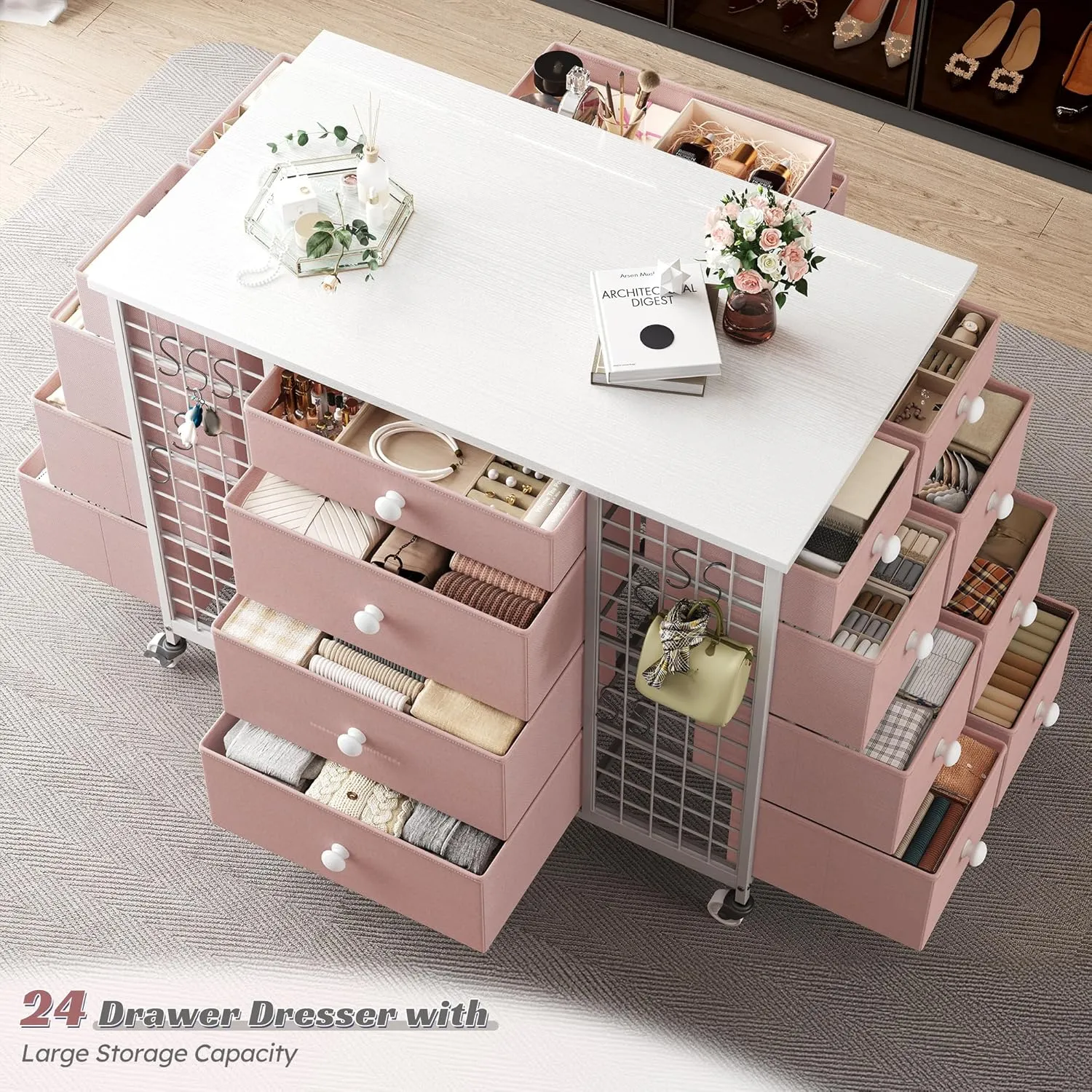 EnHomee 24 Drawers Dresser for Bedroom, Dressers & Chests of Drawers with 4 Wheels and 40“ * 23” Wide Wooden Top, Metal Frame, Closet Island with Hooks for Bedroom, Cloakroom, Dressing Room, Pink