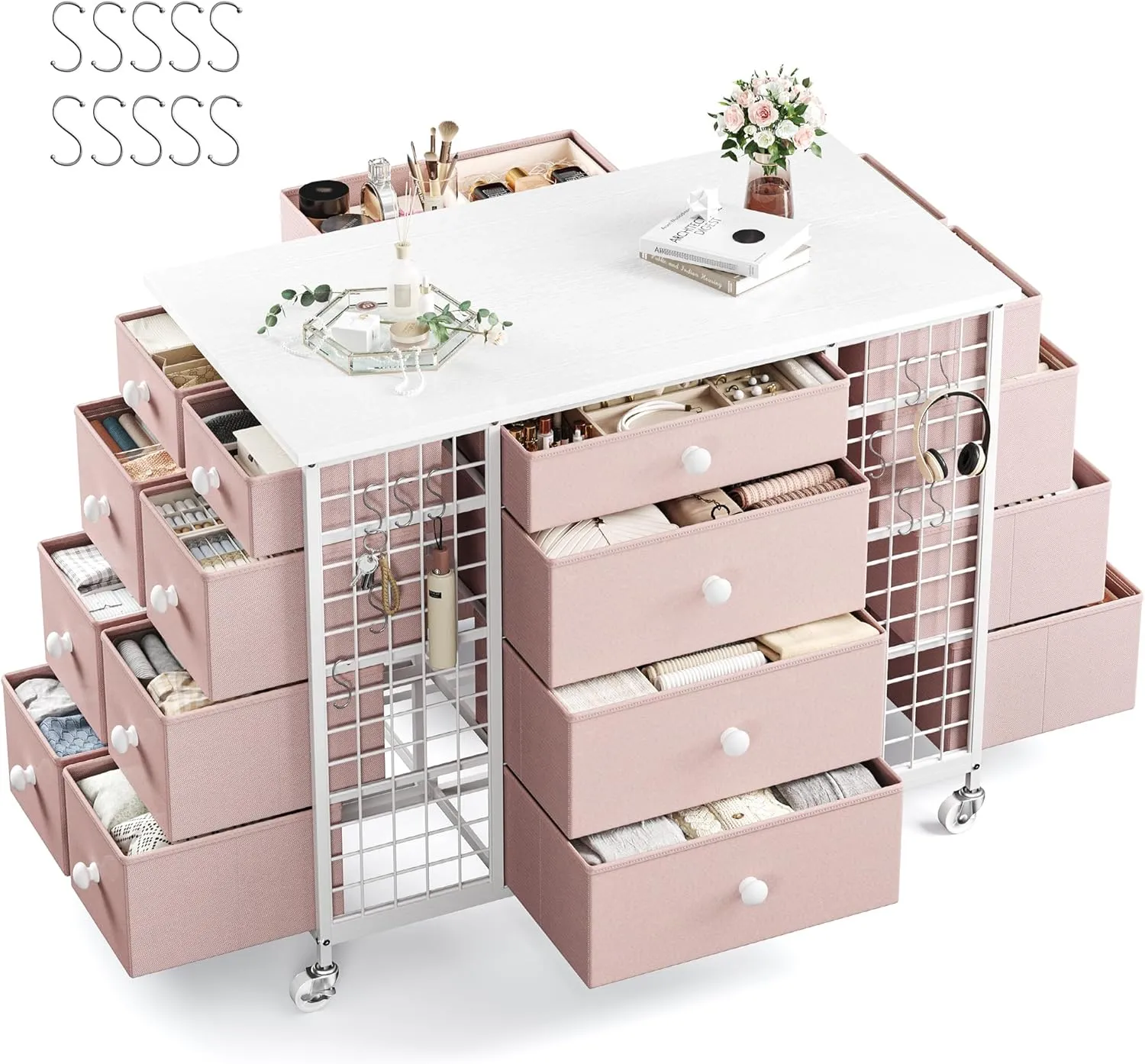 EnHomee 24 Drawers Dresser for Bedroom, Dressers & Chests of Drawers with 4 Wheels and 40“ * 23” Wide Wooden Top, Metal Frame, Closet Island with Hooks for Bedroom, Cloakroom, Dressing Room, Pink
