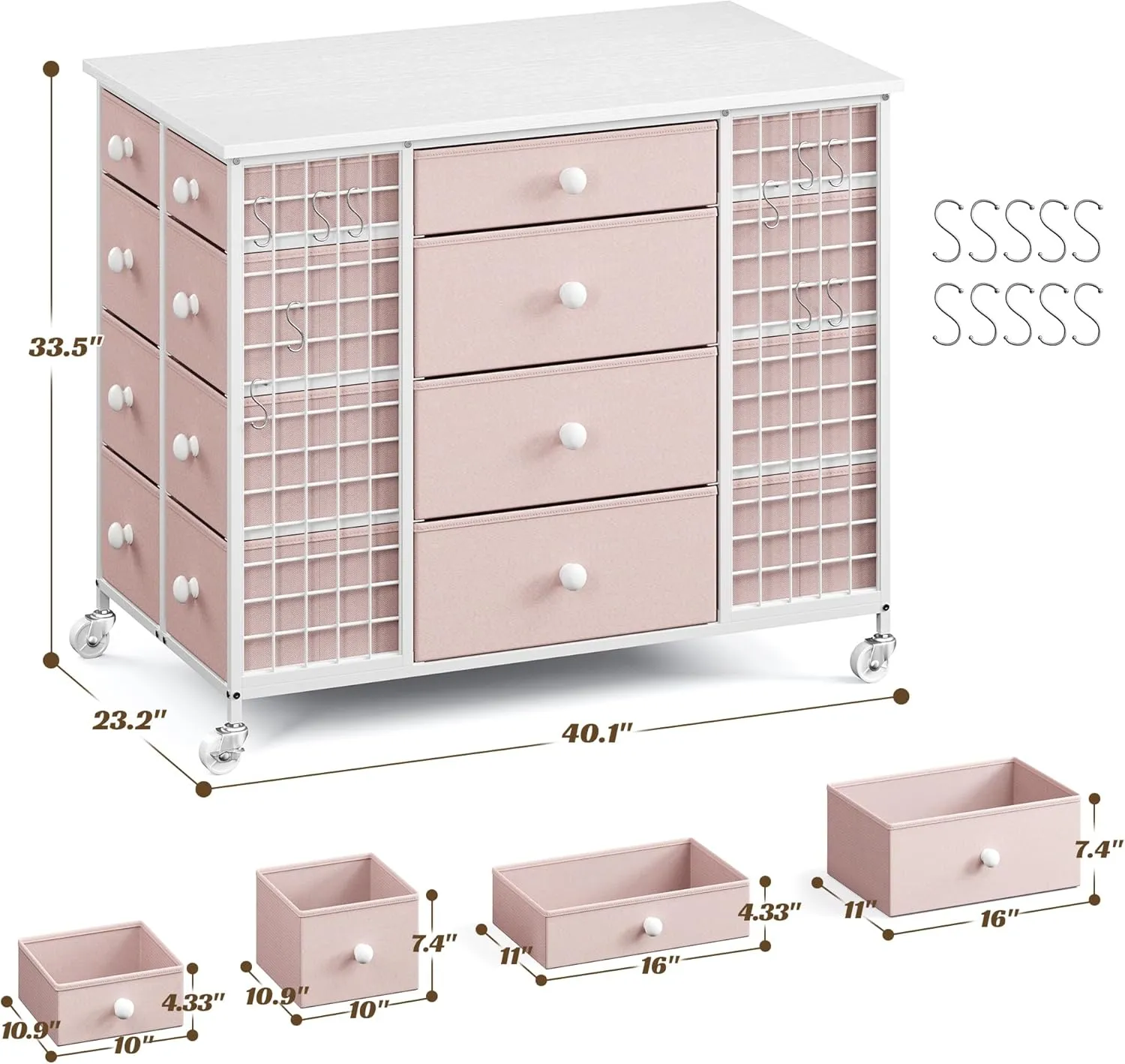 EnHomee 24 Drawers Dresser for Bedroom, Dressers & Chests of Drawers with 4 Wheels and 40“ * 23” Wide Wooden Top, Metal Frame, Closet Island with Hooks for Bedroom, Cloakroom, Dressing Room, Pink