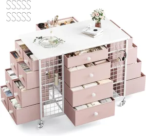 EnHomee 24 Drawers Dresser for Bedroom, Dressers & Chests of Drawers with 4 Wheels and 40“ * 23” Wide Wooden Top, Metal Frame, Closet Island with Hooks for Bedroom, Cloakroom, Dressing Room, Pink