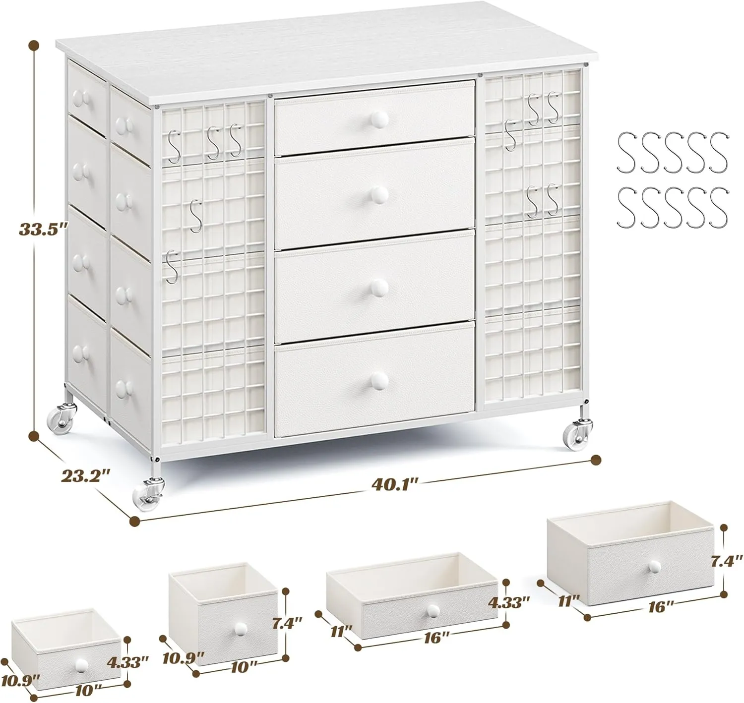 EnHomee 24 Drawers White Dresser for Bedroom, Dressers & Chests of Drawers with 4 Wheels and 40“ * 23” Wide Wooden Top, Metal Frame, Closet Island with Hooks for Bedroom, Cloakroom, Dressing Room