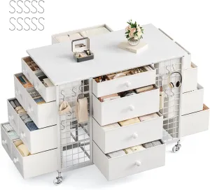 EnHomee 24 Drawers White Dresser for Bedroom, Dressers & Chests of Drawers with 4 Wheels and 40“ * 23” Wide Wooden Top, Metal Frame, Closet Island with Hooks for Bedroom, Cloakroom, Dressing Room