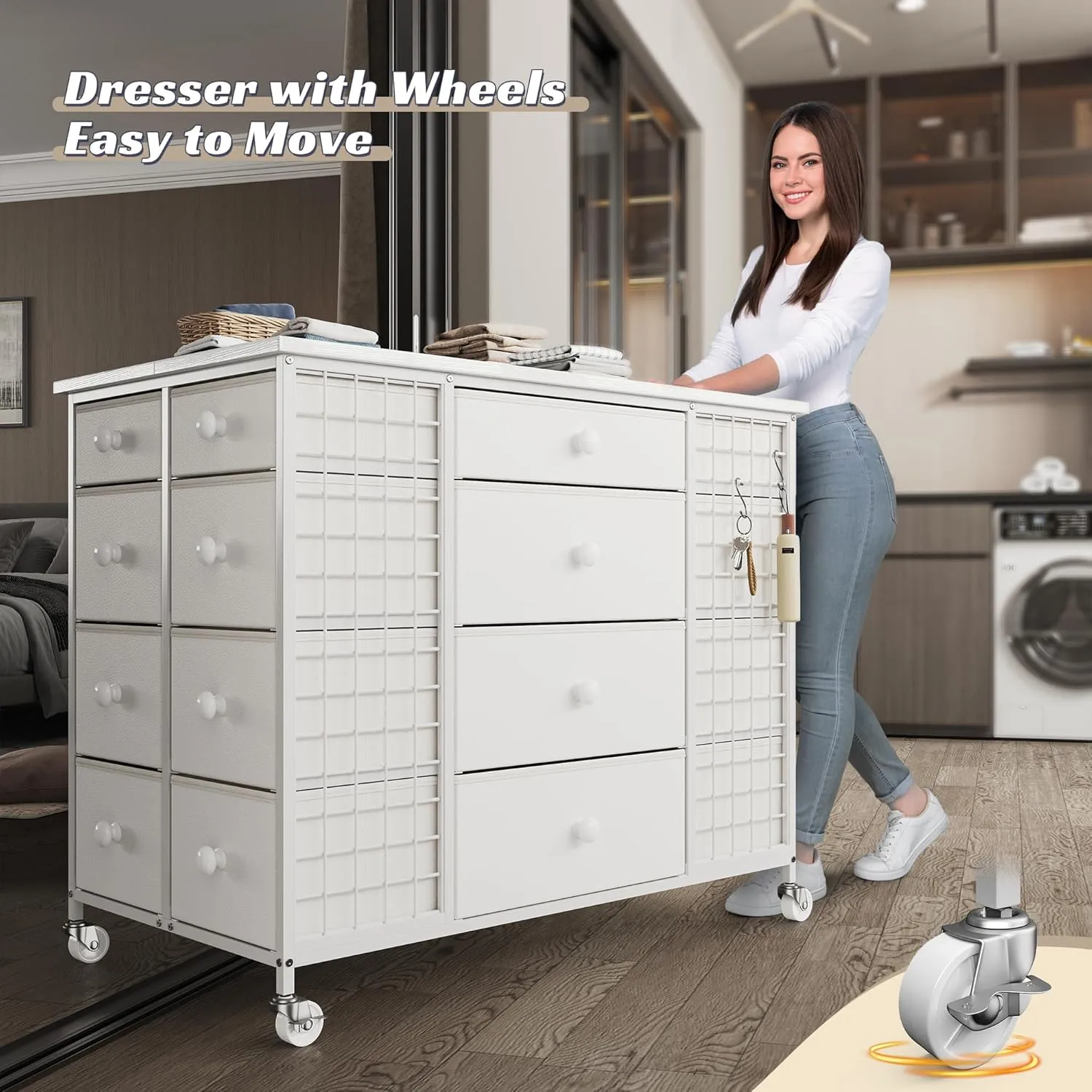 EnHomee 24 Drawers White Dresser for Bedroom, Dressers & Chests of Drawers with 4 Wheels and 40“ * 23” Wide Wooden Top, Metal Frame, Closet Island with Hooks for Bedroom, Cloakroom, Dressing Room
