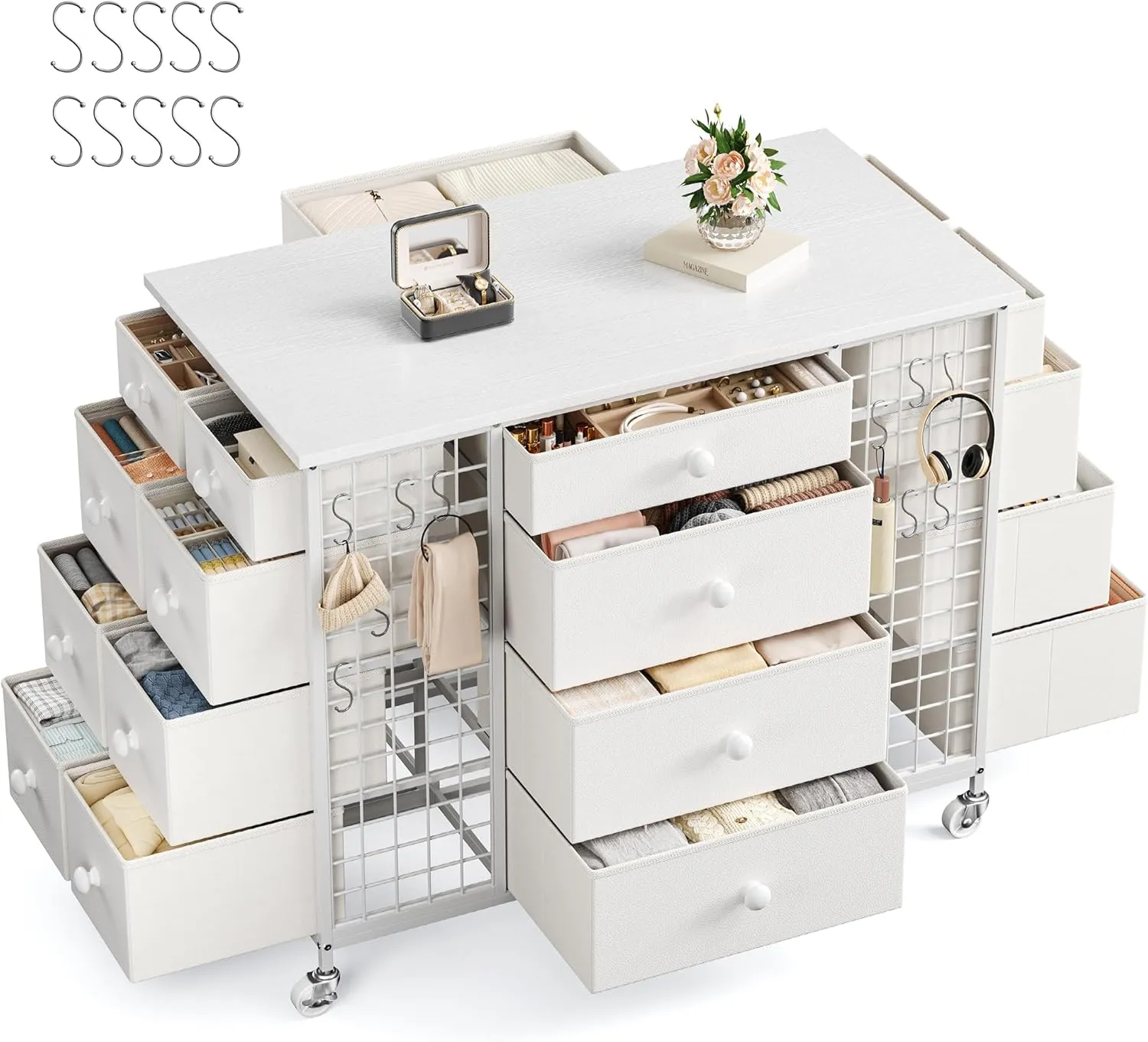 EnHomee 24 Drawers White Dresser for Bedroom, Dressers & Chests of Drawers with 4 Wheels and 40“ * 23” Wide Wooden Top, Metal Frame, Closet Island with Hooks for Bedroom, Cloakroom, Dressing Room