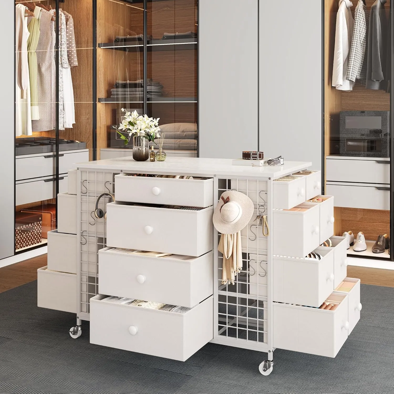 EnHomee 24 Drawers White Dresser for Bedroom, Dressers & Chests of Drawers with 4 Wheels and 40“ * 23” Wide Wooden Top, Metal Frame, Closet Island with Hooks for Bedroom, Cloakroom, Dressing Room