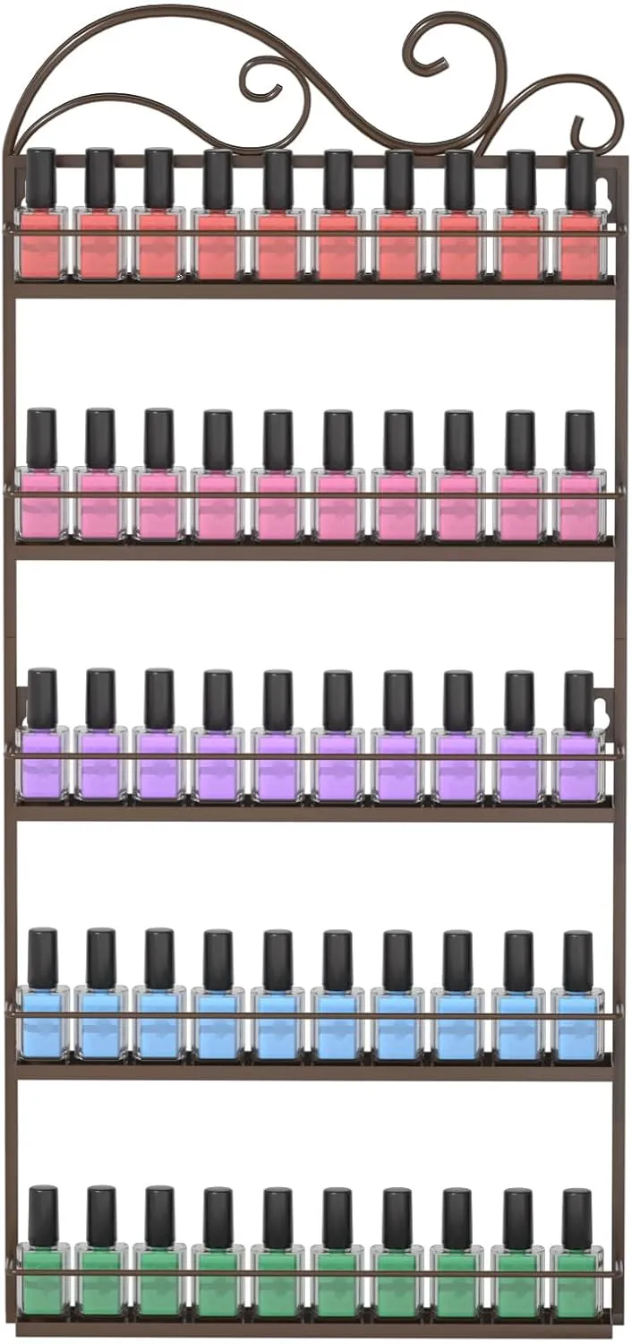 ERYTLLY Nail Polish Organizer，Wall Mounted Nail Polish Rack, Nail Polish Holder Stand, Rectangle Nail Polish Storage Organizer, Salon Nail Polish Shelf Organizer (Brown)