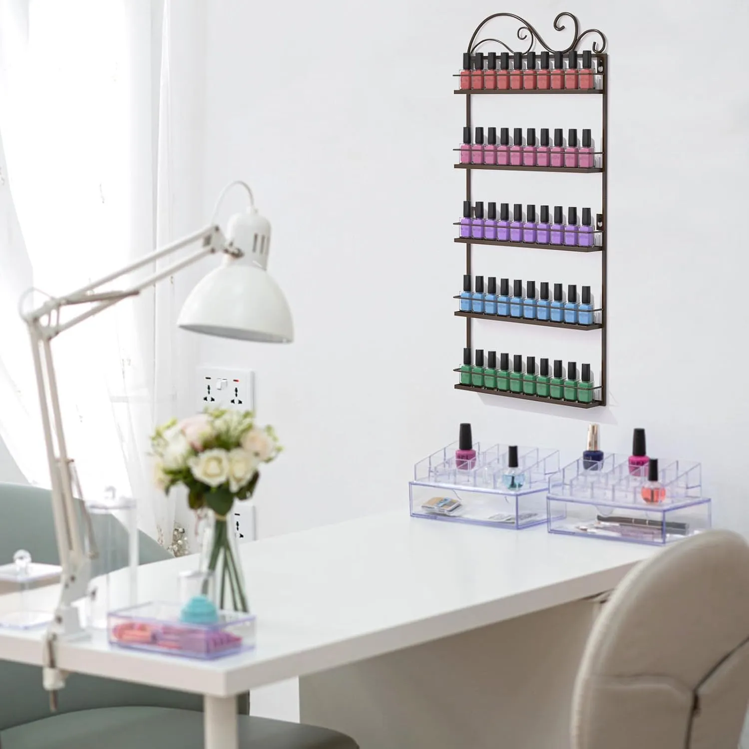 ERYTLLY Nail Polish Organizer，Wall Mounted Nail Polish Rack, Nail Polish Holder Stand, Rectangle Nail Polish Storage Organizer, Salon Nail Polish Shelf Organizer (Brown)