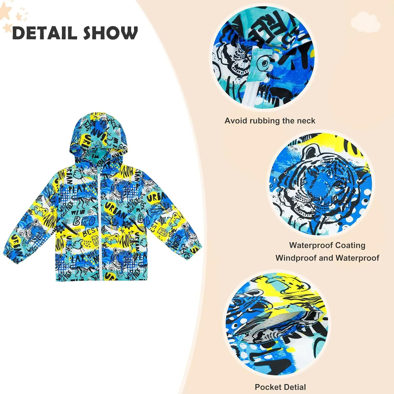 ESTAMICO Boys Windbreaker Jacket Fashion Hoodies Outwear Coat Waterproof Zipper Raincoat, 4T-12
