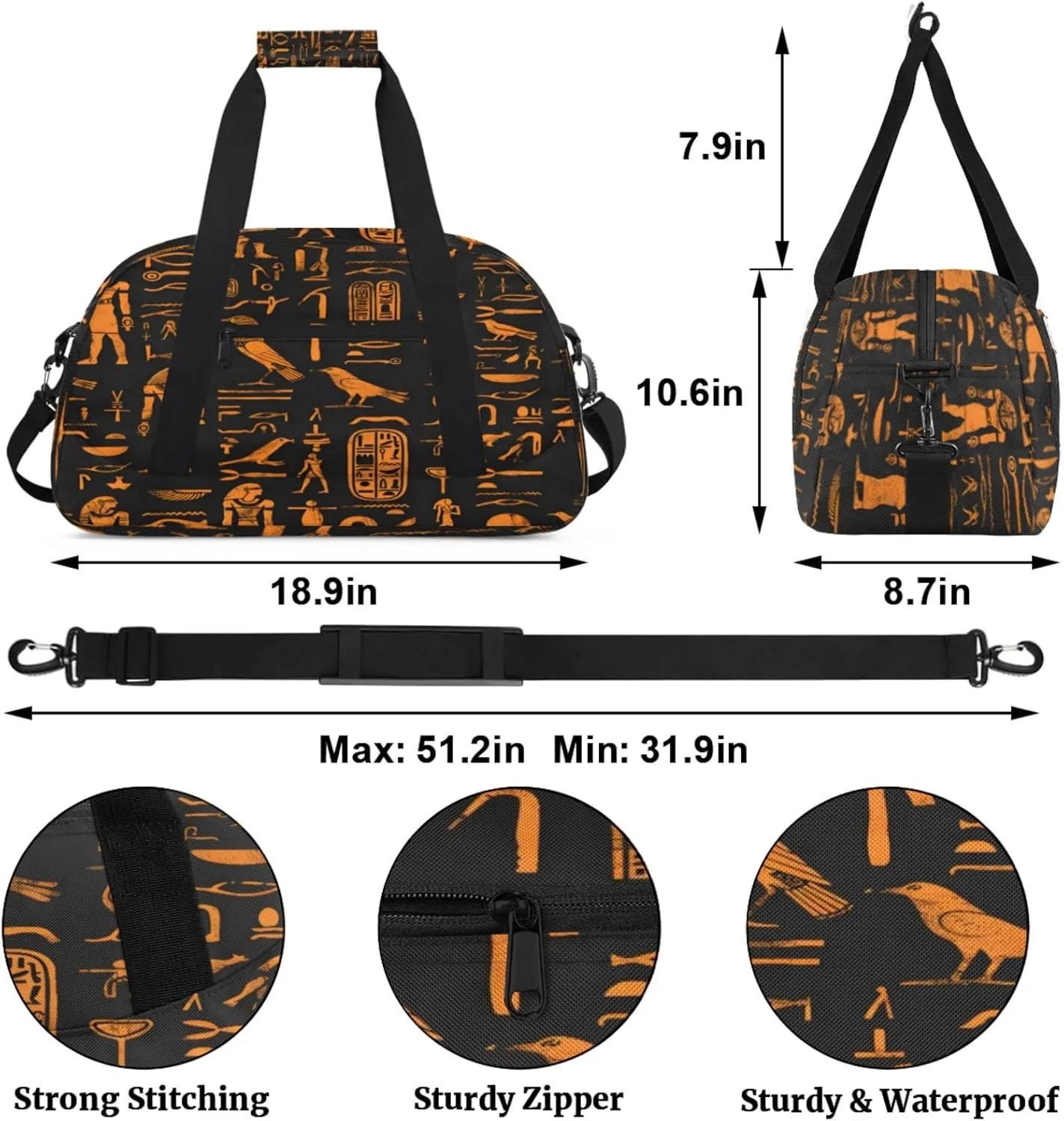 Ethnic Egypt Egyptian Gym Bag for Women Men, Sports Travel Duffel Bag Lightweight Workout Bag Carry On Overnight Weekender Bag