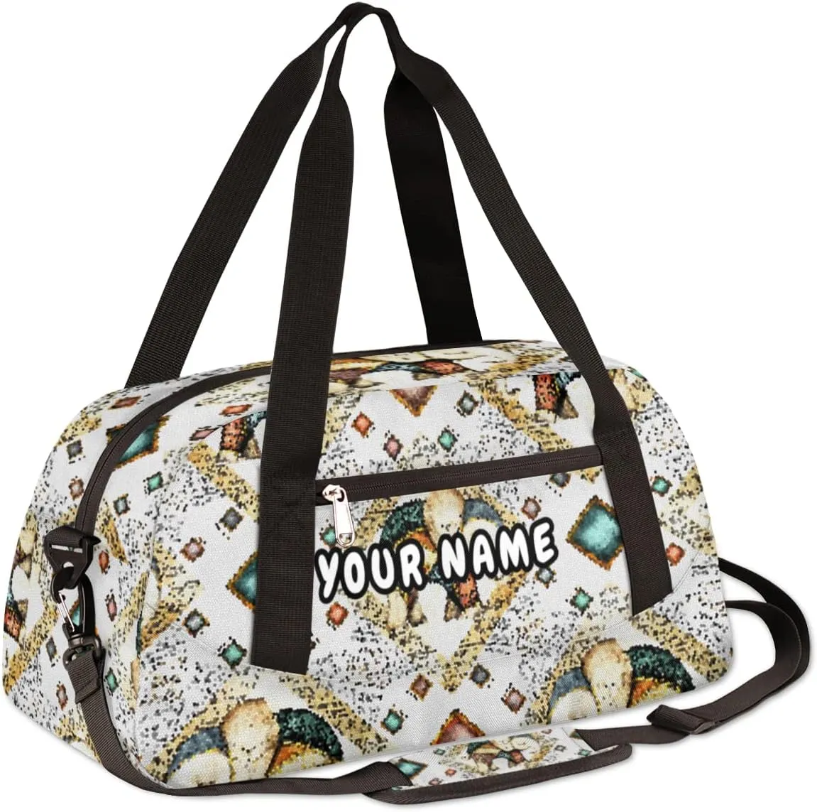 Ethnic Style Elephant Personalized Kids Duffel Bag for Girls Boys, Elephant Debris Custom Dance Bag Overnight Small Duffel Bag Carry On Weekend Sports Travel Bag for School Practice Gymnastics Ballet