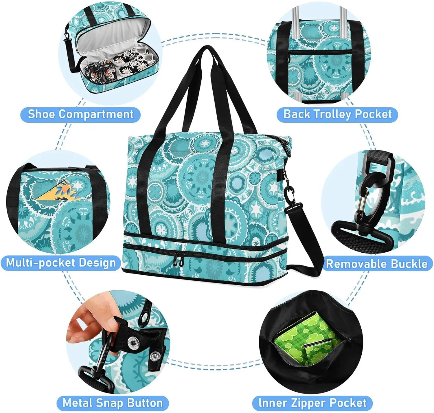 Ethnic Tribal Turquoise Circles Texture Gym Duffel Bag, Polyester Travel Weekender Luggage Handbag with Waterproof Pocket for Wet Items, Unisex Foldable Tote for Sports