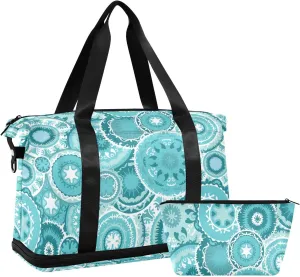 Ethnic Tribal Turquoise Circles Texture Gym Duffel Bag, Polyester Travel Weekender Luggage Handbag with Waterproof Pocket for Wet Items, Unisex Foldable Tote for Sports