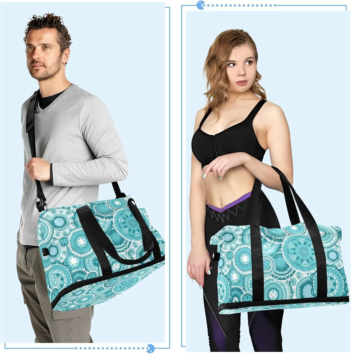 Ethnic Tribal Turquoise Circles Texture Gym Duffel Bag, Polyester Travel Weekender Luggage Handbag with Waterproof Pocket for Wet Items, Unisex Foldable Tote for Sports