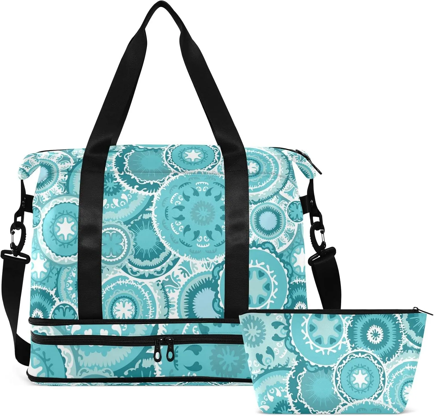 Ethnic Tribal Turquoise Circles Texture Gym Duffel Bag, Polyester Travel Weekender Luggage Handbag with Waterproof Pocket for Wet Items, Unisex Foldable Tote for Sports