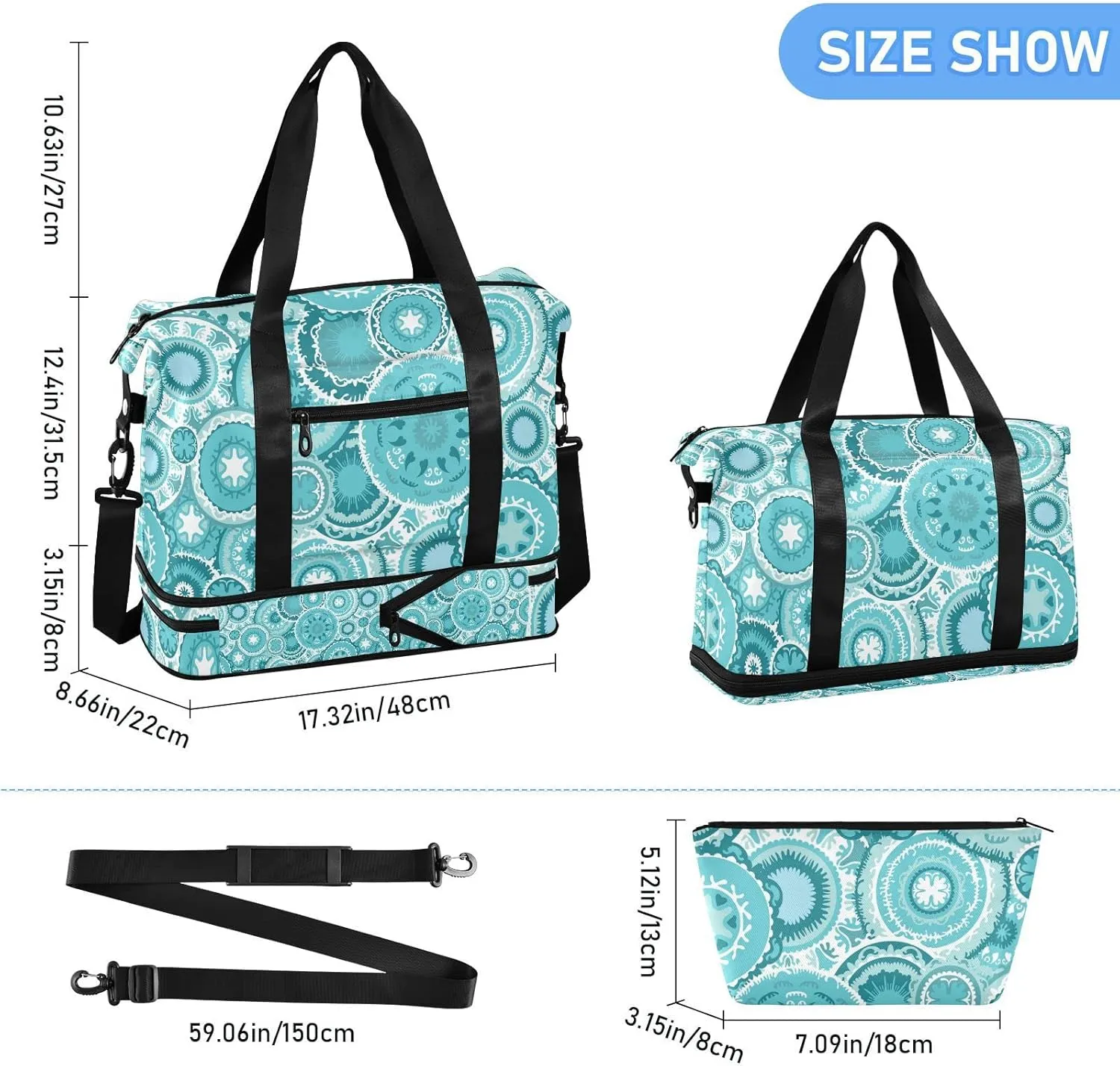 Ethnic Tribal Turquoise Circles Texture Gym Duffel Bag, Polyester Travel Weekender Luggage Handbag with Waterproof Pocket for Wet Items, Unisex Foldable Tote for Sports