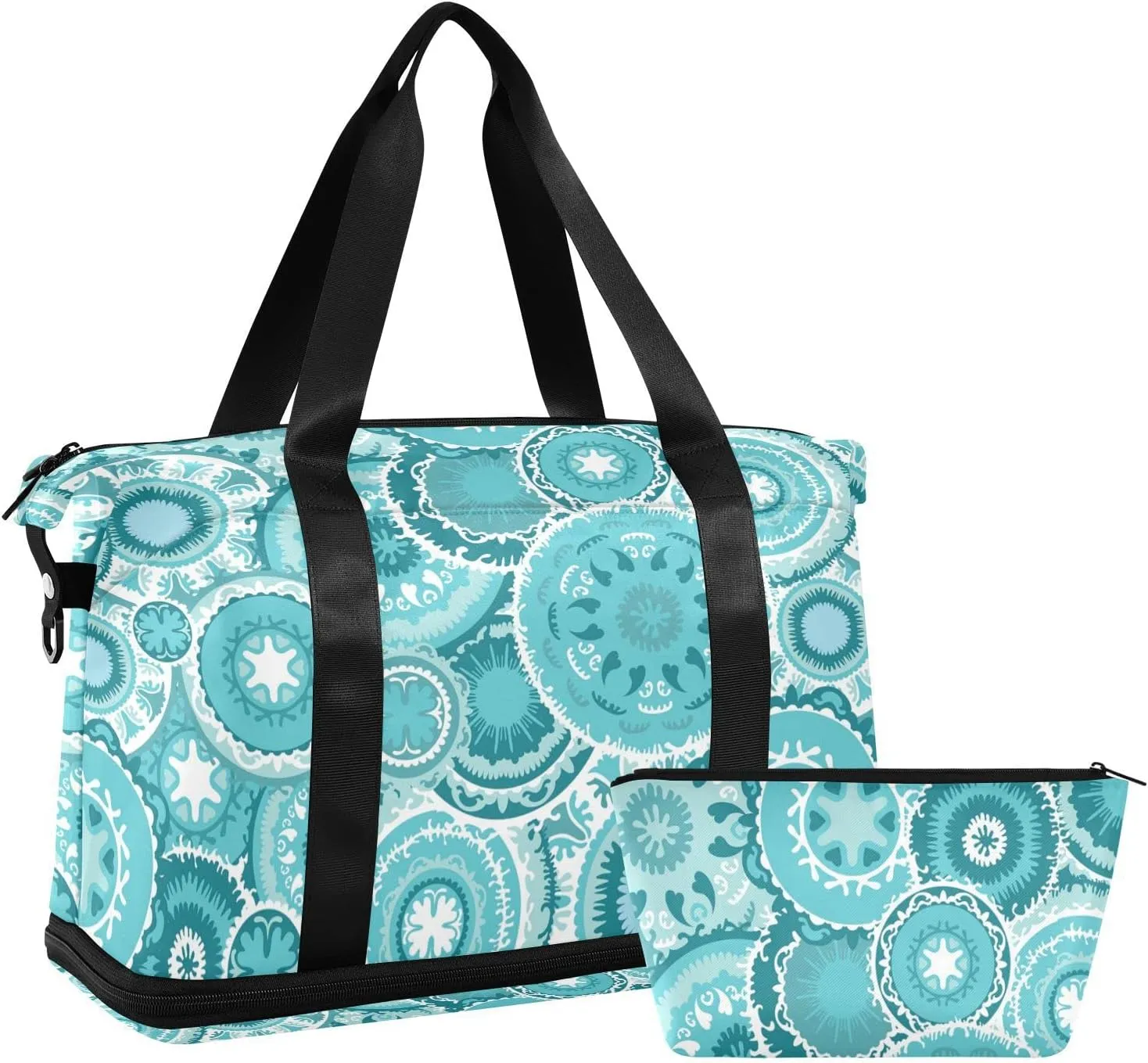 Ethnic Tribal Turquoise Circles Texture Gym Duffel Bag, Polyester Travel Weekender Luggage Handbag with Waterproof Pocket for Wet Items, Unisex Foldable Tote for Sports