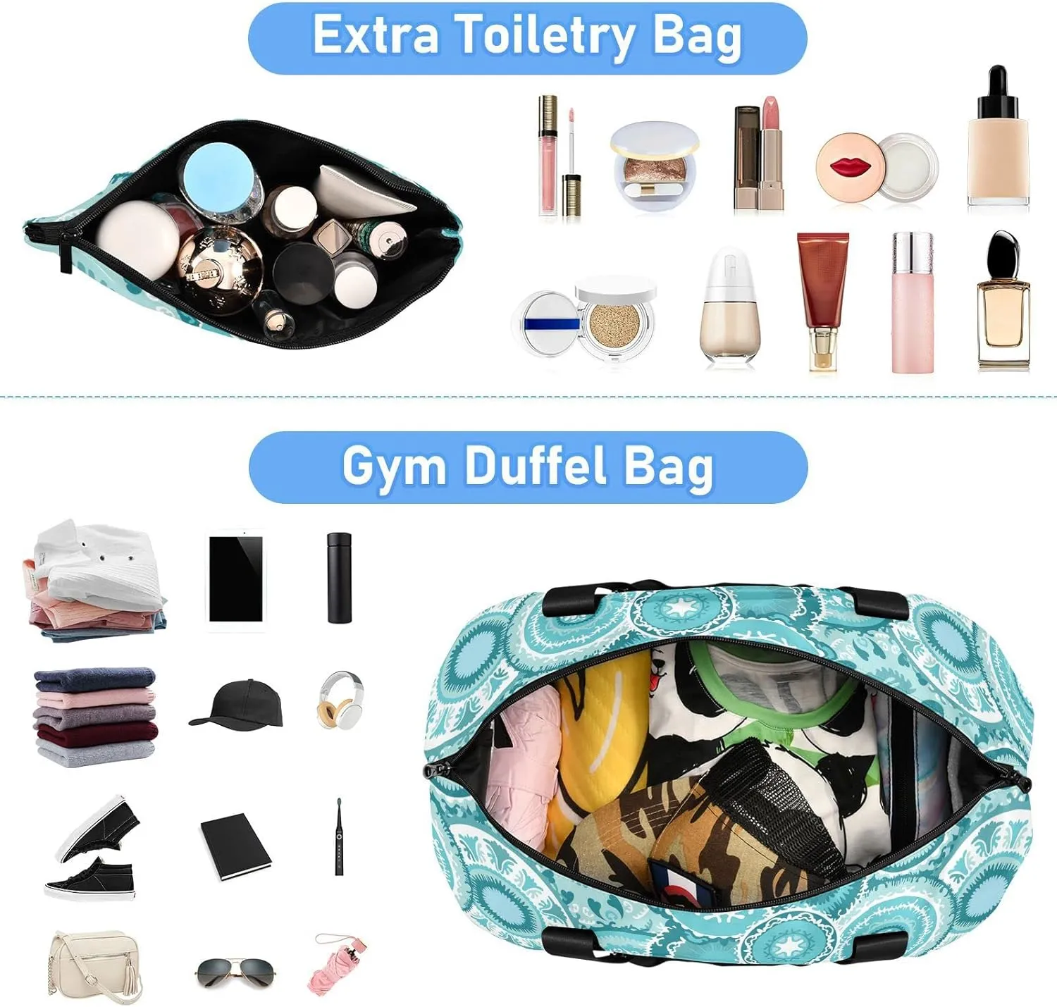 Ethnic Tribal Turquoise Circles Texture Gym Duffel Bag, Polyester Travel Weekender Luggage Handbag with Waterproof Pocket for Wet Items, Unisex Foldable Tote for Sports