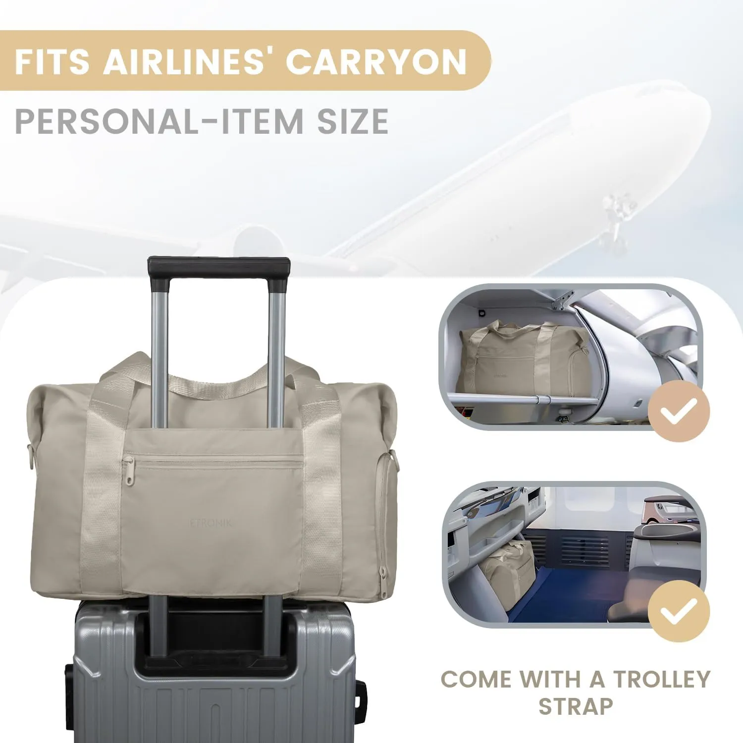 ETRONIK Foldable Travel Bag - Men's & Women's Gym Duffle with Shoe Compartment, Carry-On Weekender Overnight Tote, Water-Resistant Khaki