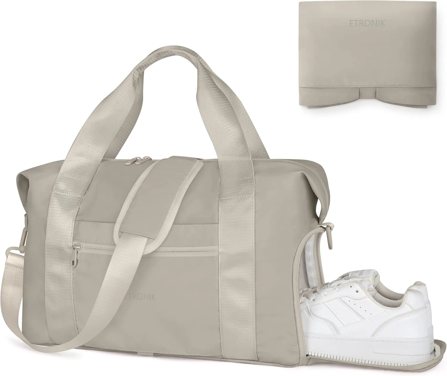 ETRONIK Foldable Travel Bag - Men's & Women's Gym Duffle with Shoe Compartment, Carry-On Weekender Overnight Tote, Water-Resistant Khaki