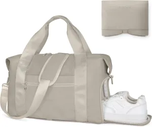 ETRONIK Foldable Travel Bag - Men's & Women's Gym Duffle with Shoe Compartment, Carry-On Weekender Overnight Tote, Water-Resistant Khaki