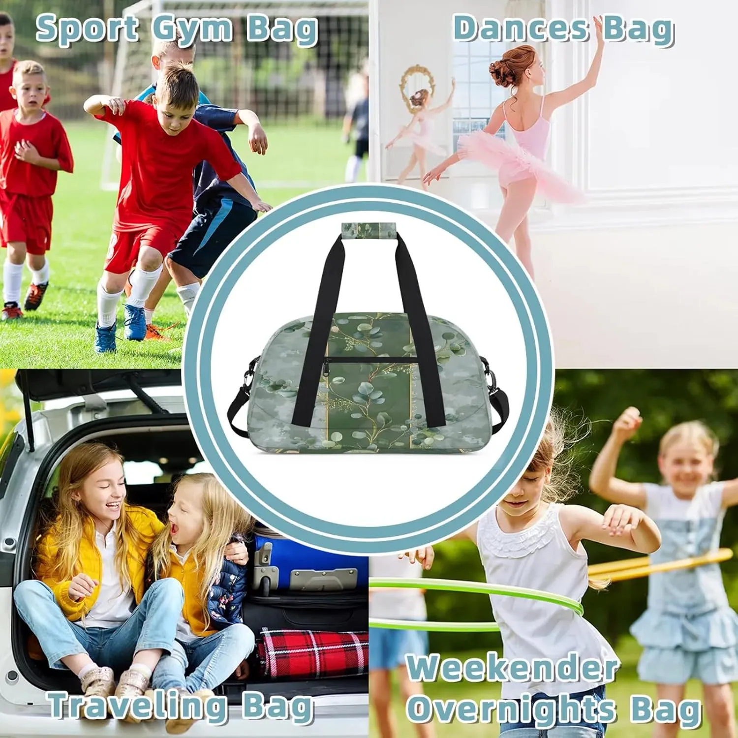 Eucalyptus Leaves Green Leaves Small Gym Bag 18 inch Carry On Duffel Bag for Weekender Travel Sports Workout Yoga Gymnastics Dance Ballet