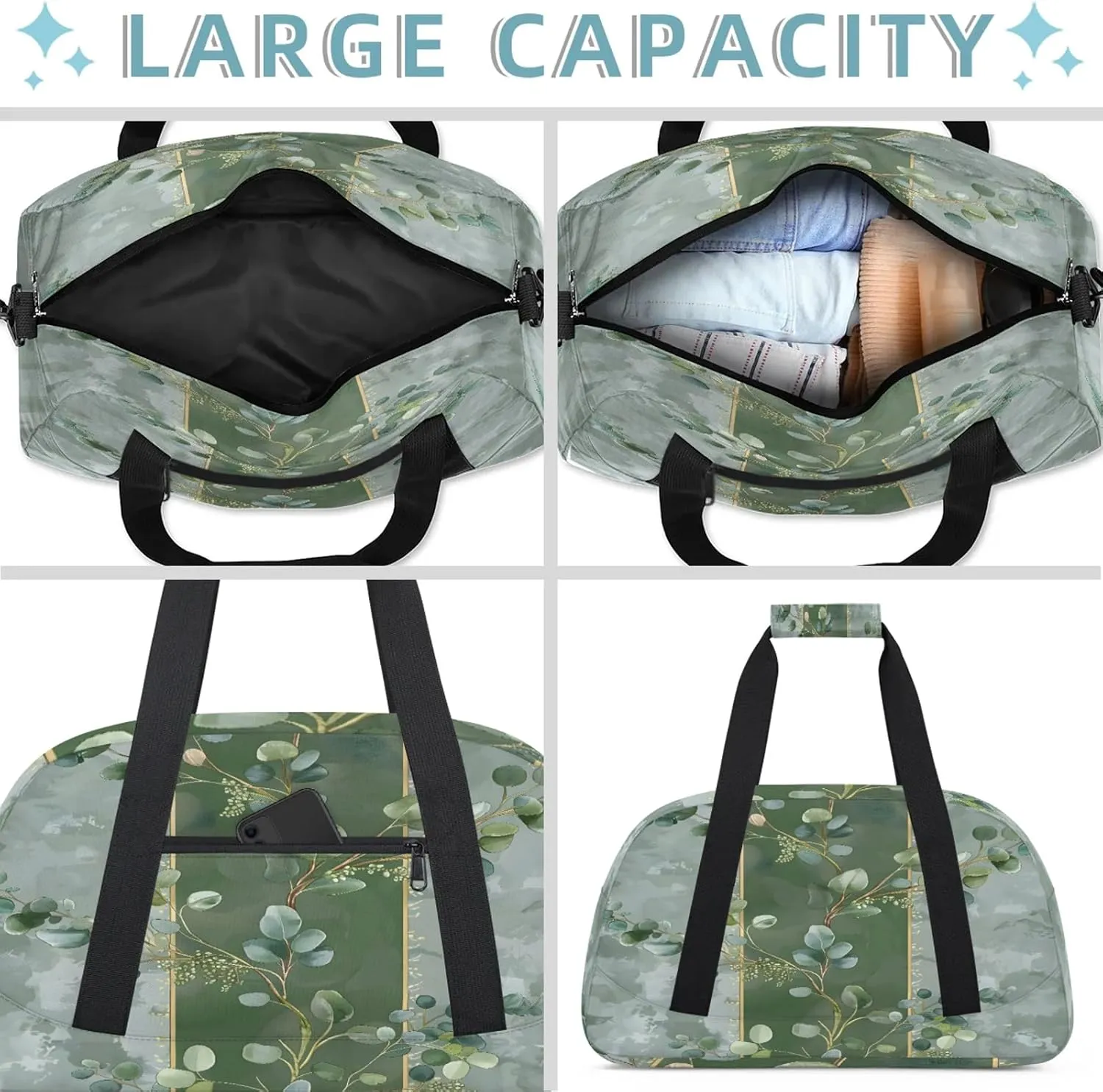 Eucalyptus Leaves Green Leaves Small Gym Bag 18 inch Carry On Duffel Bag for Weekender Travel Sports Workout Yoga Gymnastics Dance Ballet