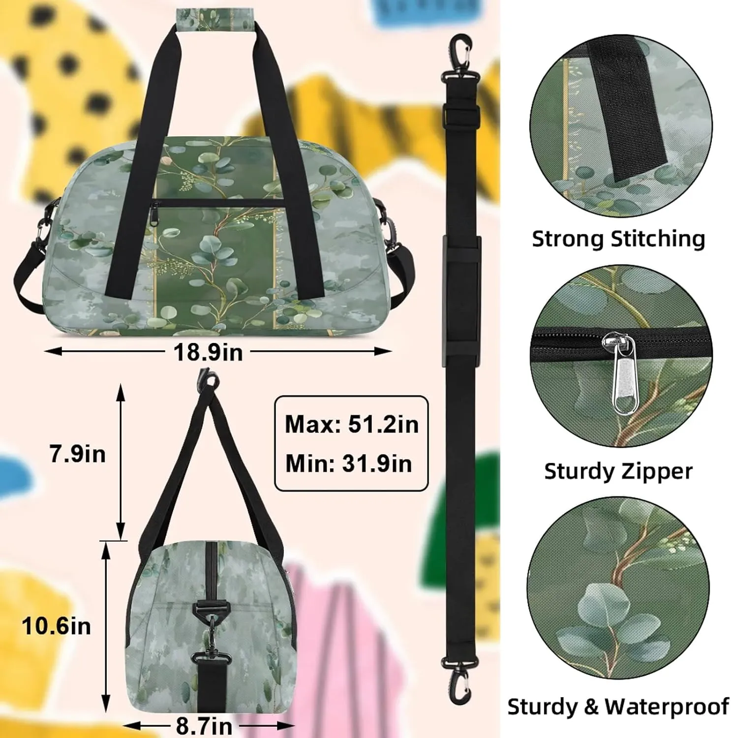 Eucalyptus Leaves Green Leaves Small Gym Bag 18 inch Carry On Duffel Bag for Weekender Travel Sports Workout Yoga Gymnastics Dance Ballet