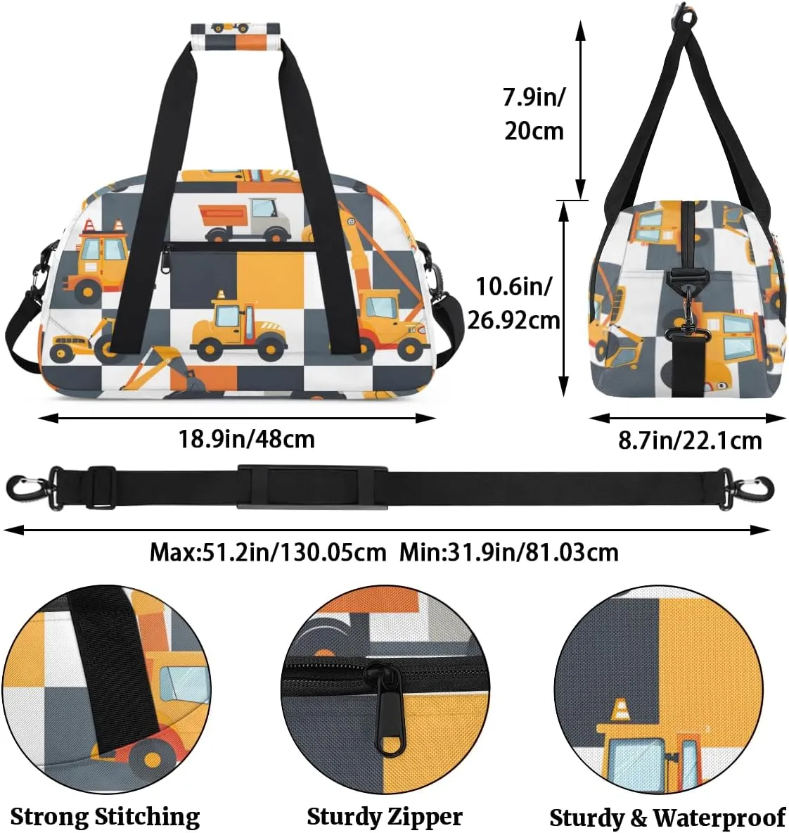 Excavator Tractor Boys Girls Gym Bag Dance Perform Training Duffel Bags Weekender Carry-On Tote Luggage Bag Ideal for School Practice or Overnight Trips