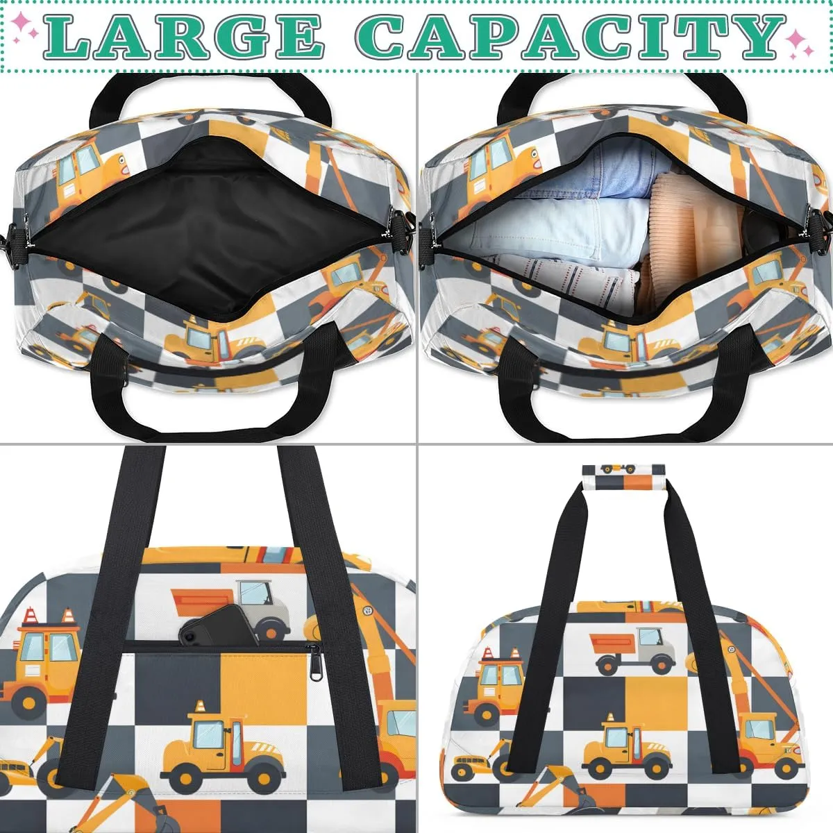Excavator Tractor Boys Girls Gym Bag Dance Perform Training Duffel Bags Weekender Carry-On Tote Luggage Bag Ideal for School Practice or Overnight Trips