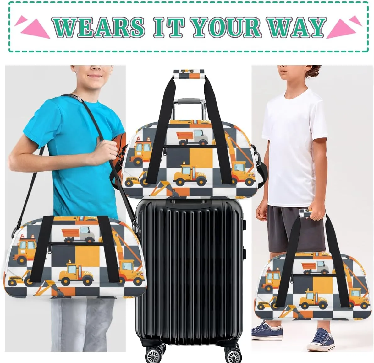 Excavator Tractor Boys Girls Gym Bag Dance Perform Training Duffel Bags Weekender Carry-On Tote Luggage Bag Ideal for School Practice or Overnight Trips