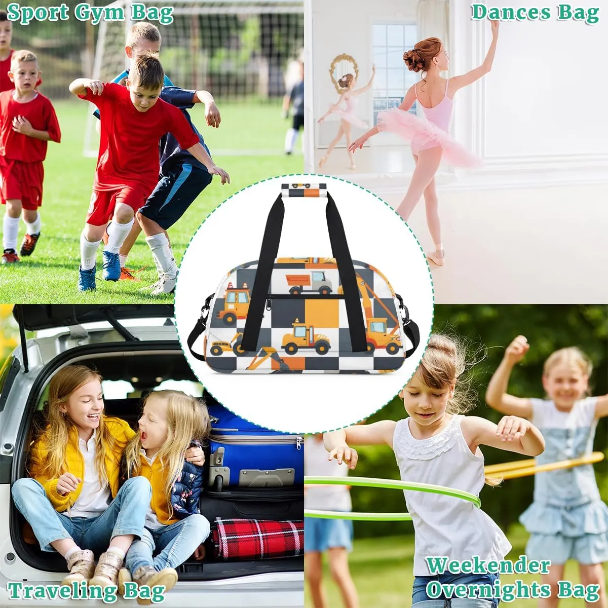 Excavator Tractor Boys Girls Gym Bag Dance Perform Training Duffel Bags Weekender Carry-On Tote Luggage Bag Ideal for School Practice or Overnight Trips