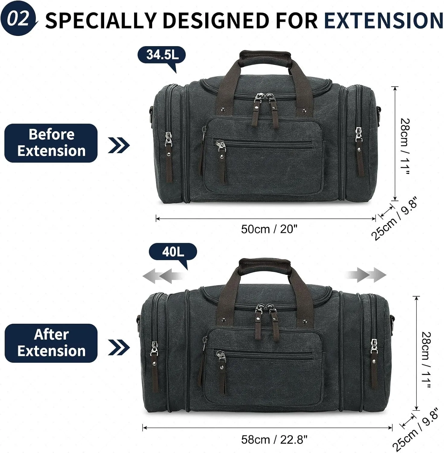 Expandable Canvas Duffel 50cm-58cm, Sturdy Zipper and Reinforced Handles, Lightweight Carry-On Weekender Bag for 3-5 Day Trips, Black