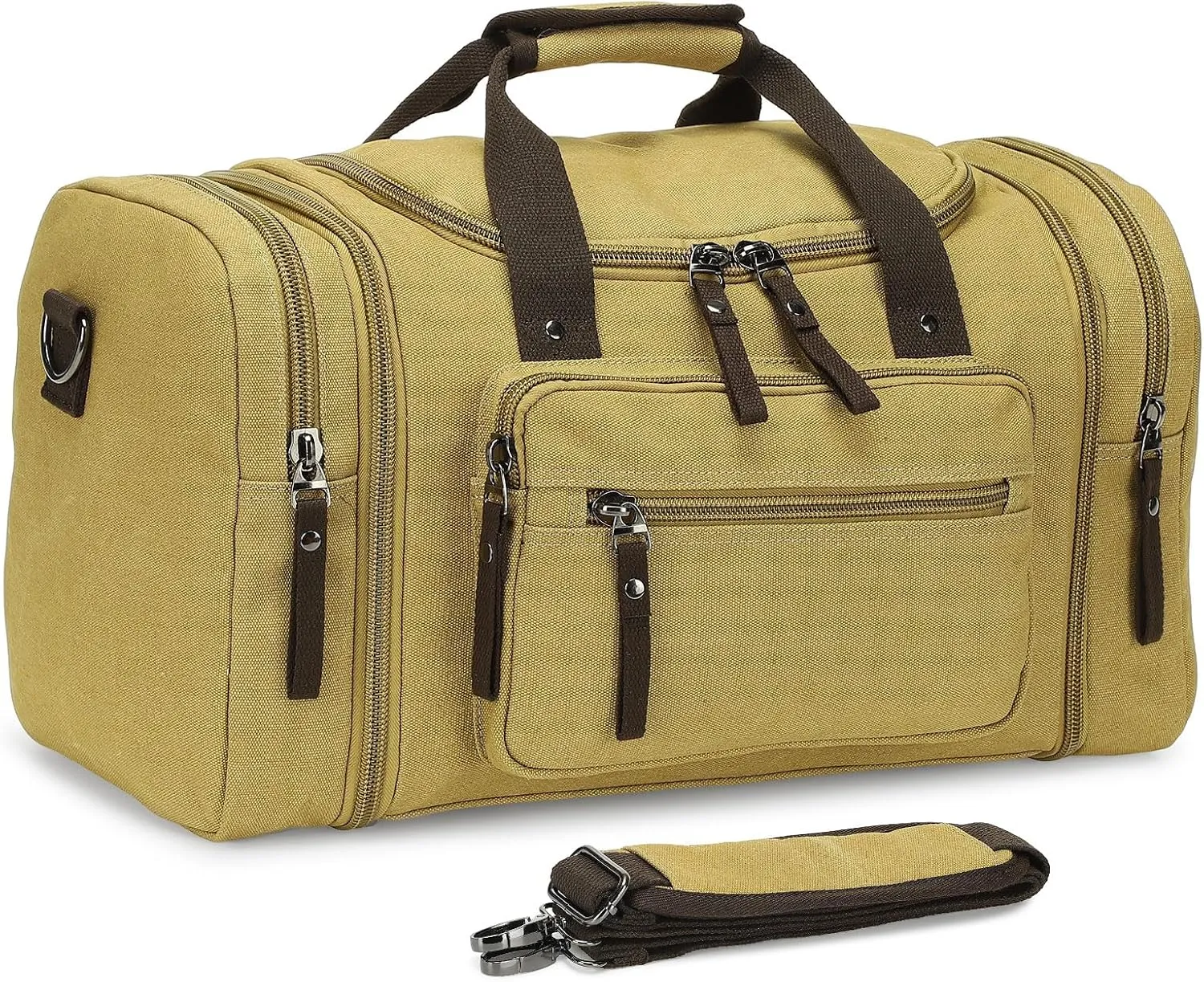 Expandable Canvas Duffel 50cm-58cm, Sturdy Zipper and Reinforced Handles, Lightweight Carry-On Weekender Bag for 3-5 Day Trips, Khaki