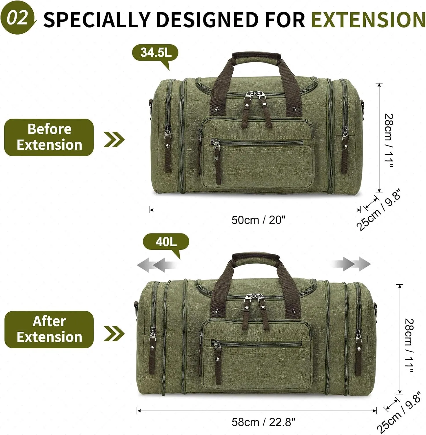 Expandable Canvas Duffel 50cm-58cm, Sturdy Zipper and Reinforced Handles, Lightweight Carry-On Weekender Bag for 3-5 Day Trips, Khaki