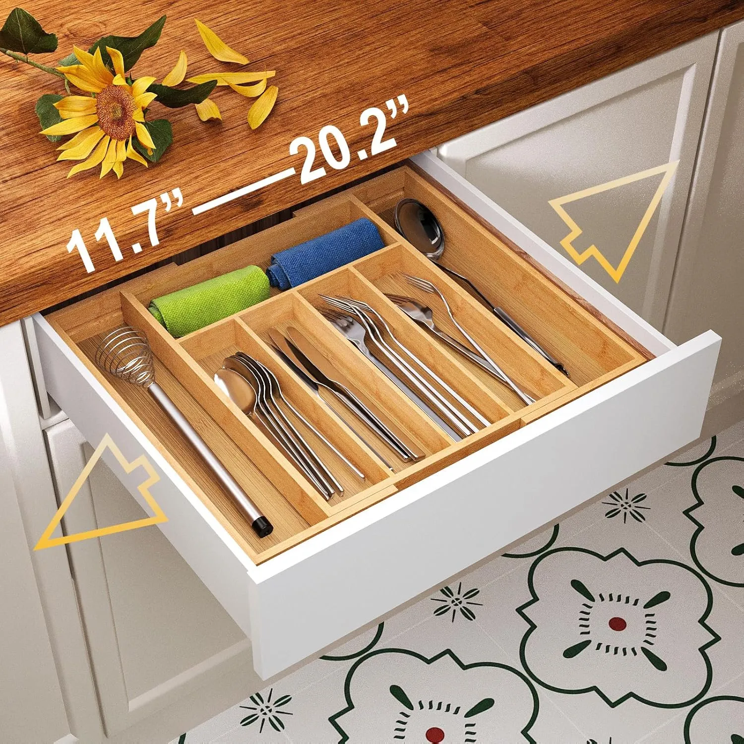 Expandable Kitchen Drawer Organizer,Bamboo Silverware Organizer for Utensils,Adjustable Flatware Tray(14.96 * 11.69~19.68 * 1.96)