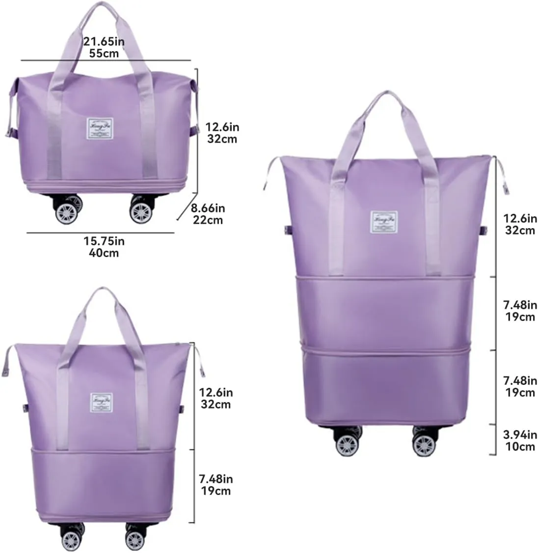 Expandable Rolling Duffel Bag with Wheels and Handles, Foldable Carry on Travel Duffle Luggage Bag, Violet