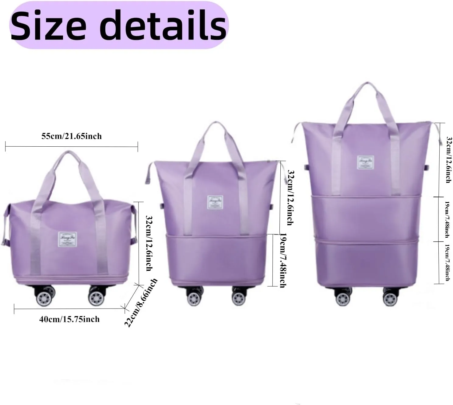 Expandable Travel Bag, Travel Tote Bag with Trolley Sleeve, Extra Duffel Bag with Removable Wheels, Foldable Suitcase for Outdoor Action, Overnight Weekend (Purple)