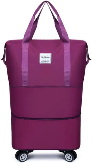 Expandable Travel Bag, Travel Tote Bag with Trolley Sleeve, Extra Duffel Bag with Removable Wheels, Foldable Suitcase for Outdoor Action, Overnight Weekend (Purple)