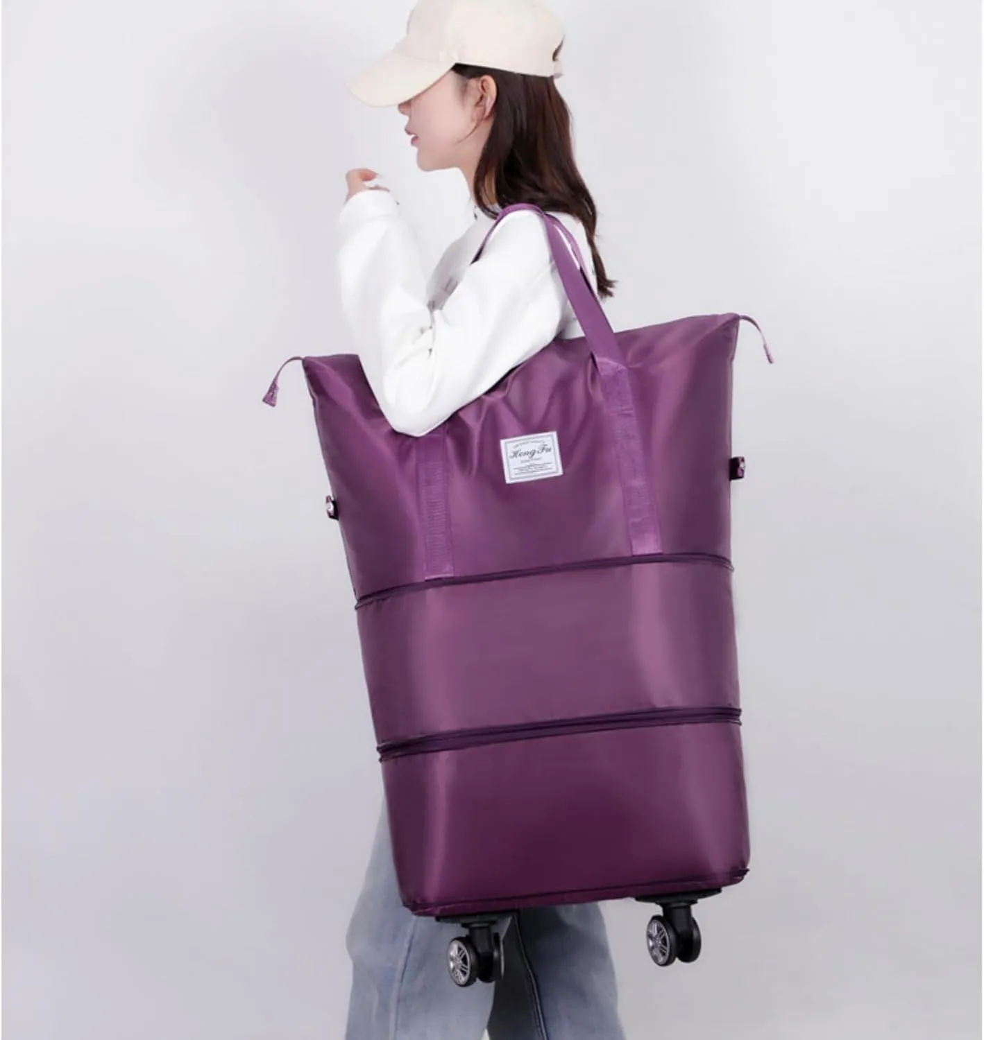 Expandable Travel Bag, Travel Tote Bag with Trolley Sleeve, Extra Duffel Bag with Removable Wheels, Foldable Suitcase for Outdoor Action, Overnight Weekend (Purple)