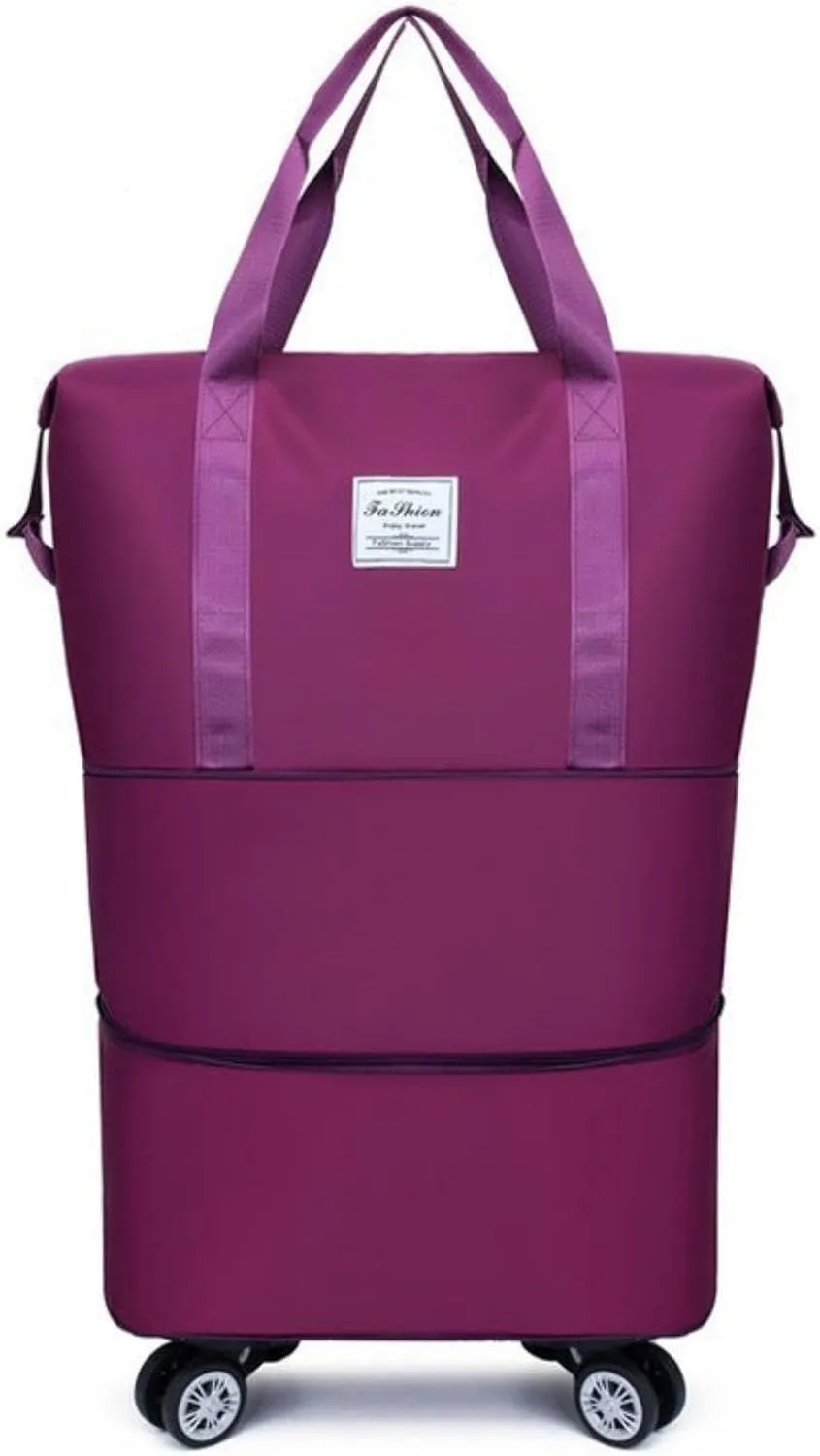 Expandable Travel Bag, Travel Tote Bag with Trolley Sleeve, Extra Duffel Bag with Removable Wheels, Foldable Suitcase for Outdoor Action, Overnight Weekend (Purple)