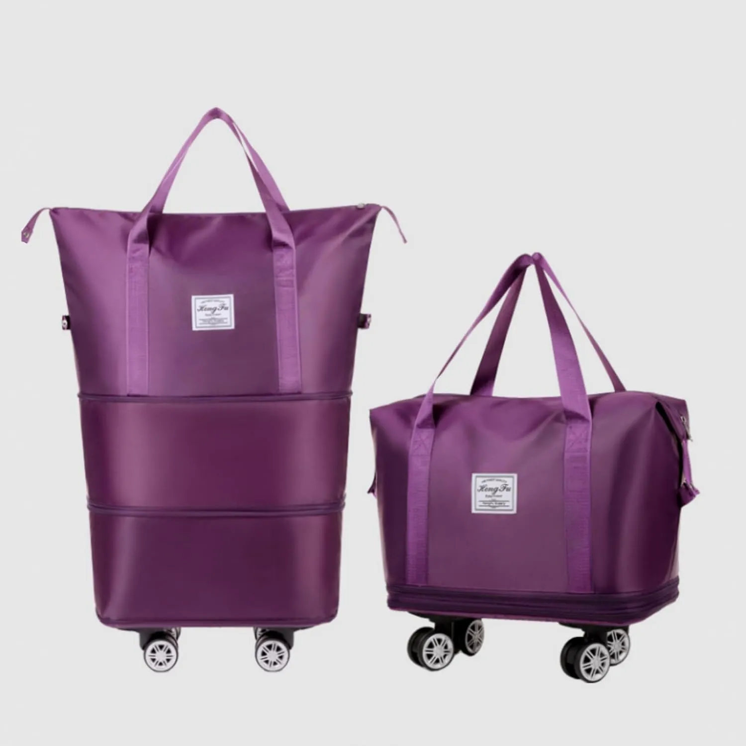 Expandable Travel Bag, Travel Tote Bag with Trolley Sleeve, Extra Duffel Bag with Removable Wheels, Foldable Suitcase for Outdoor Action, Overnight Weekend (Purple)