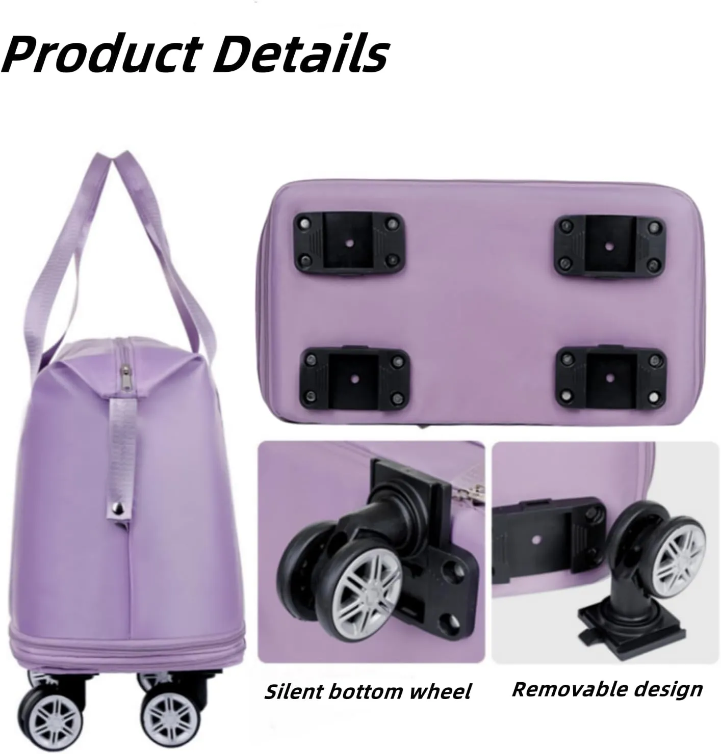 Expandable Travel Bag, Travel Tote Bag with Trolley Sleeve, Extra Duffel Bag with Removable Wheels, Foldable Suitcase for Outdoor Action, Overnight Weekend (Purple)