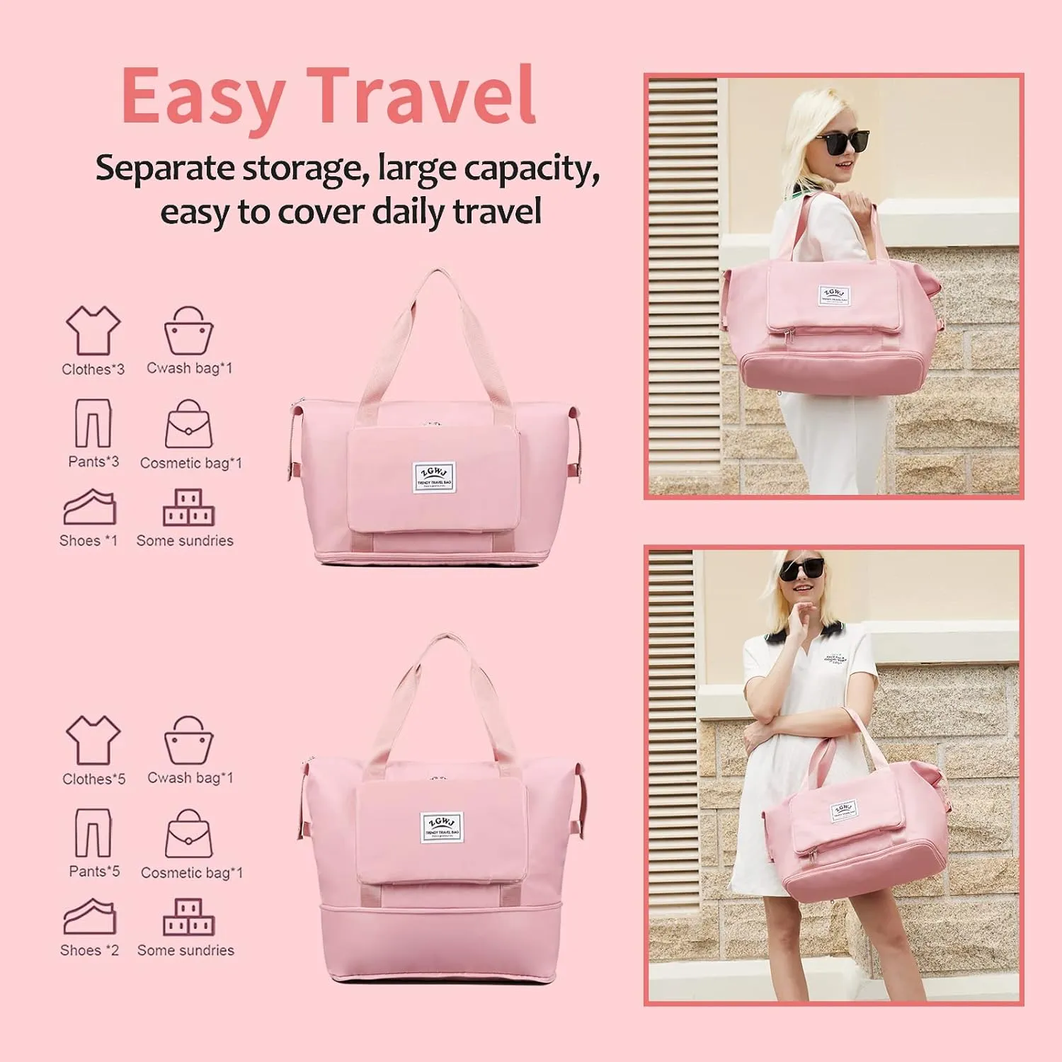 Expandable Travel Duffel Tote Bag - Foldable Overnight Weekender, Carry-On, Swim & Gym Bag - Fits Spirit Airlines Personal Item Size - Lightweight, Waterproof & Durable with Trolley Sleeve, Light Pink